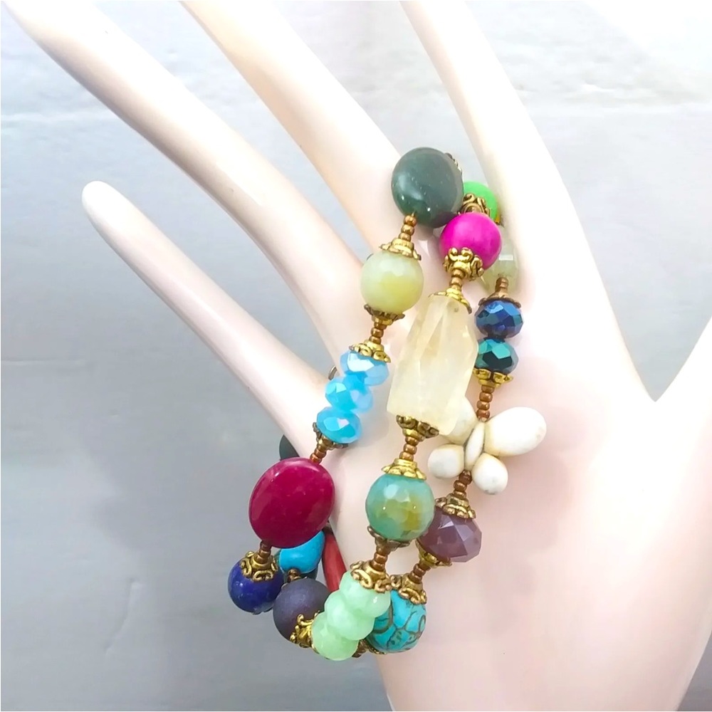 Handmade Multi Strand Colorful Mix Gemstones & Glass Beaded Bracelet. 7-8”